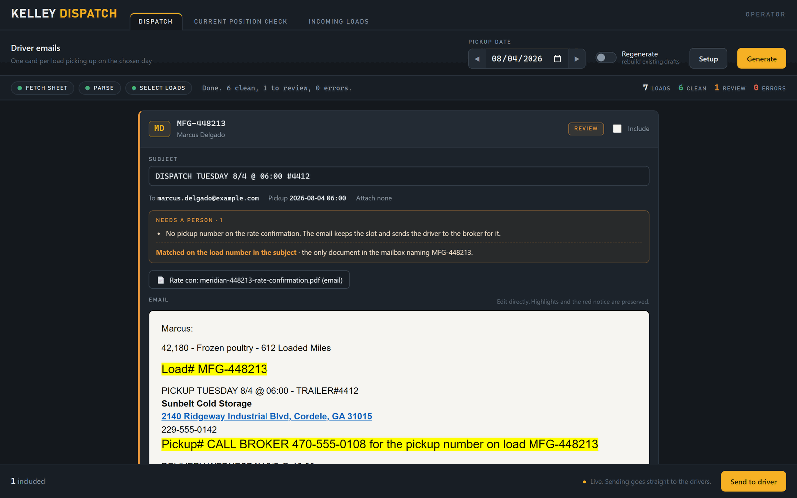Dispatch review cards listing each driver's next-day load, with an editable composed driver email preview alongside